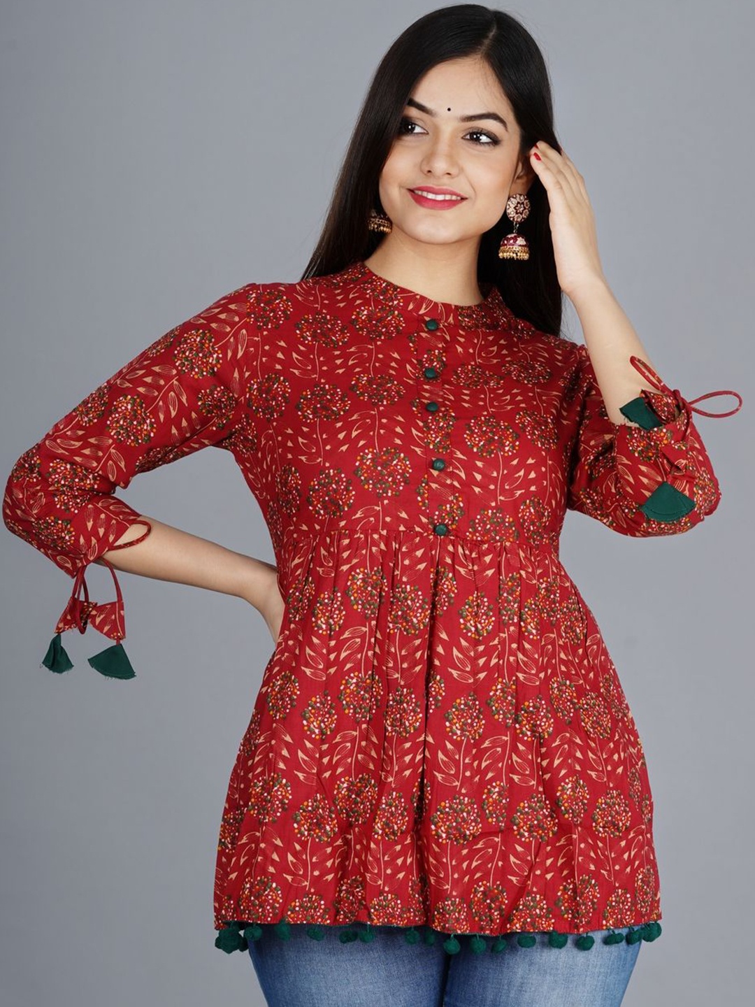 

Royal Marque Print Mandarin Collar Cotton Top, Maroon