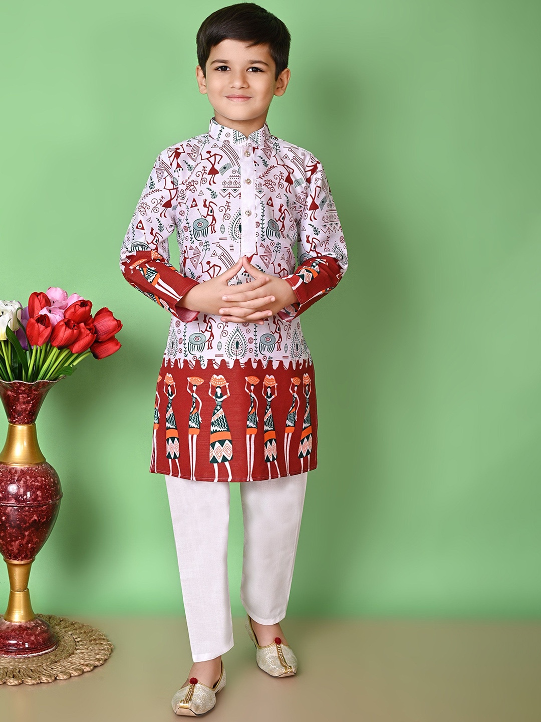

NFC CREATION Boys Tribal Printed Mandarin Collar Dupion Silk Straight Kurta with Pyjamas, Maroon