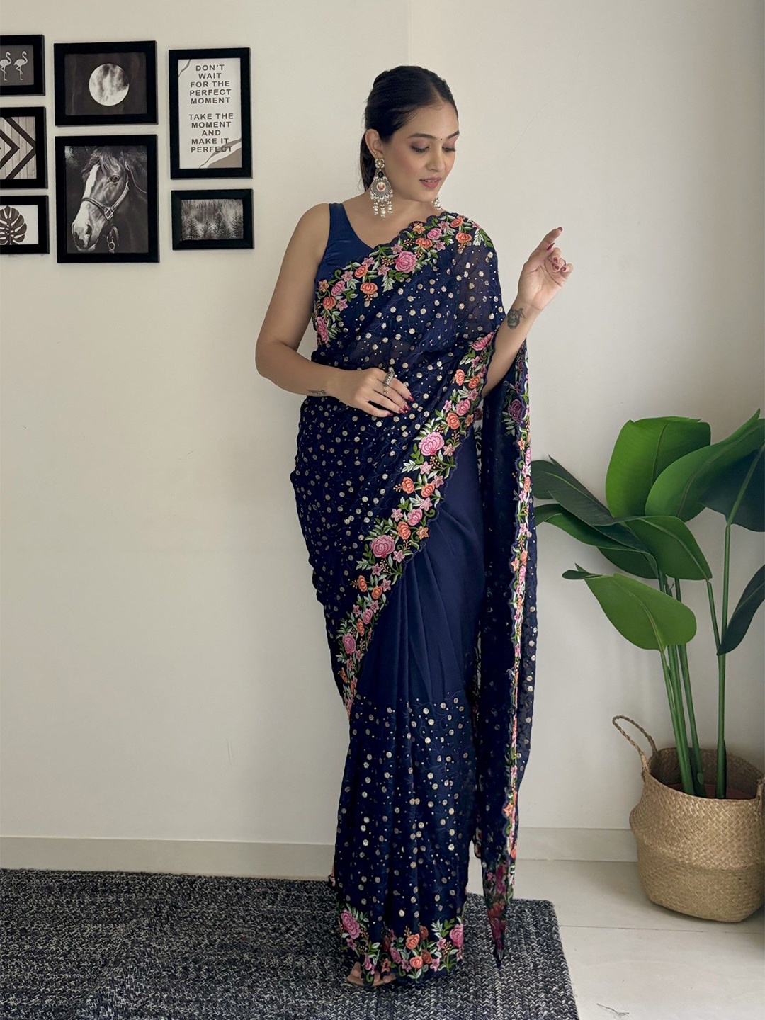 

LeeliPeeri Designer Floral Sequinned Poly Georgette Saree, Navy blue