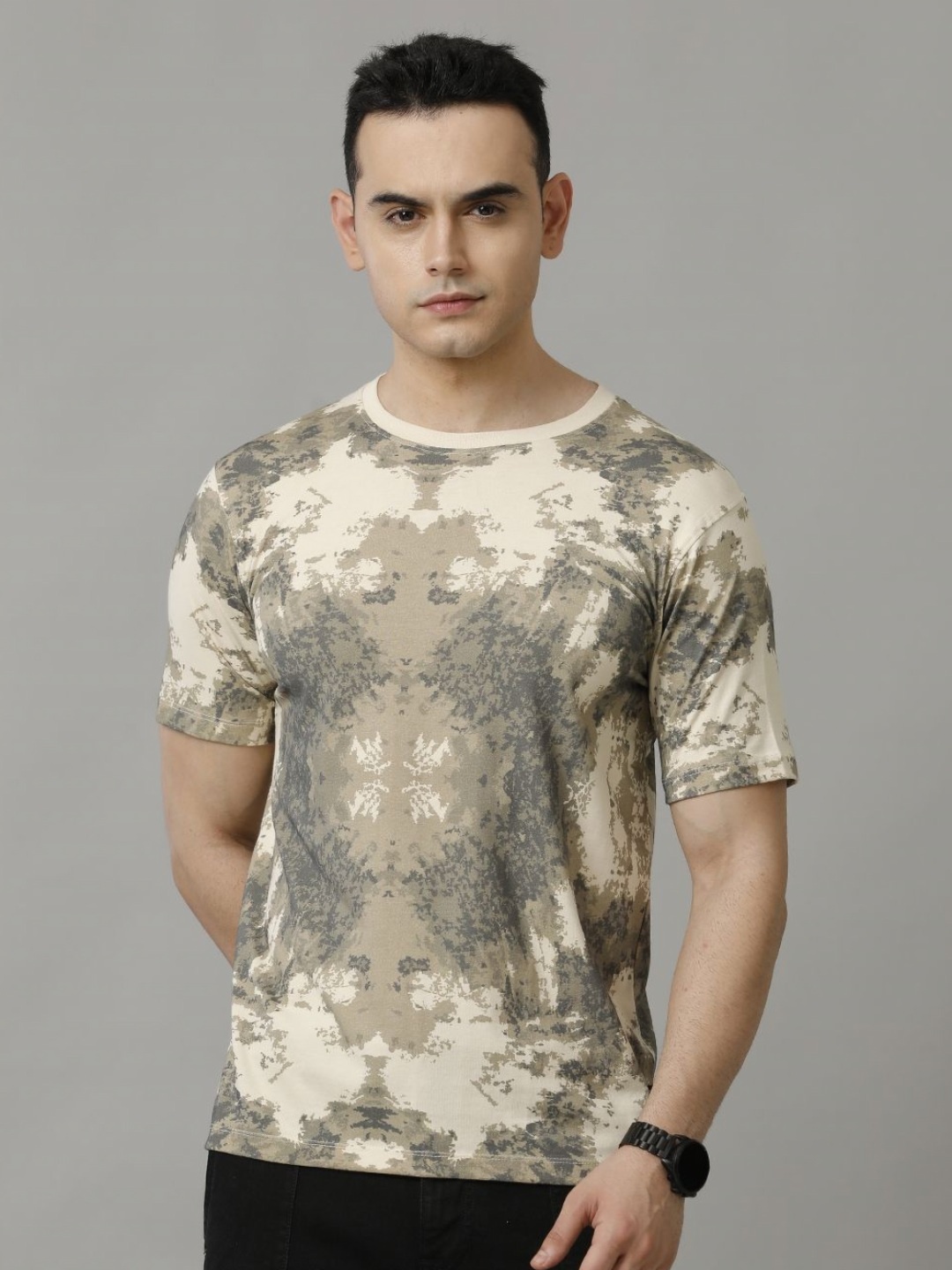 

Voi Jeans Men Abstract Printed Round Neck Cotton T-Shirt, Khaki