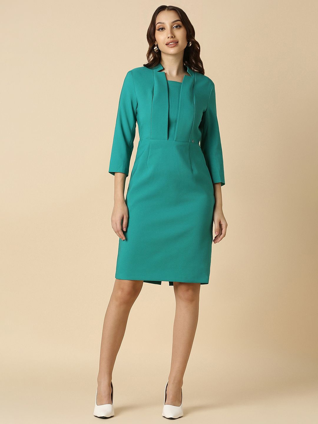 

Allen Solly Woman Shirt Collar Formal Sheath Dress, Green