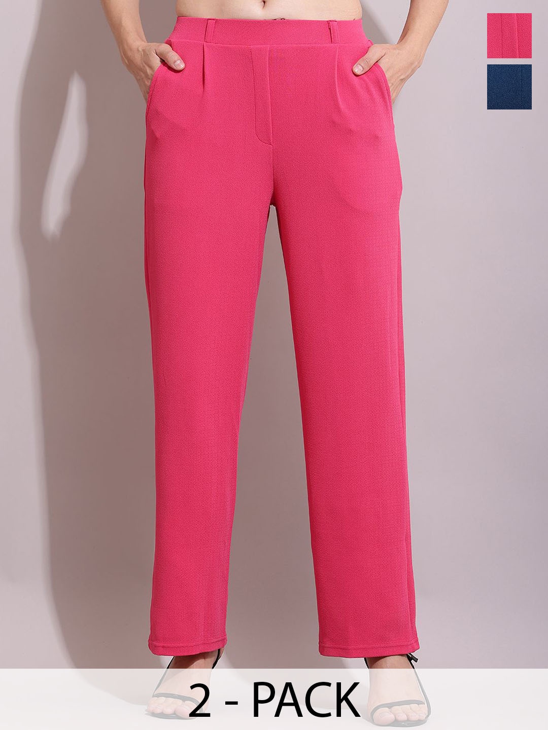 

SQew Women Pack of 2 Relaxed Straight Leg Loose Fit High Rise Easy Wash Trousers, Pink