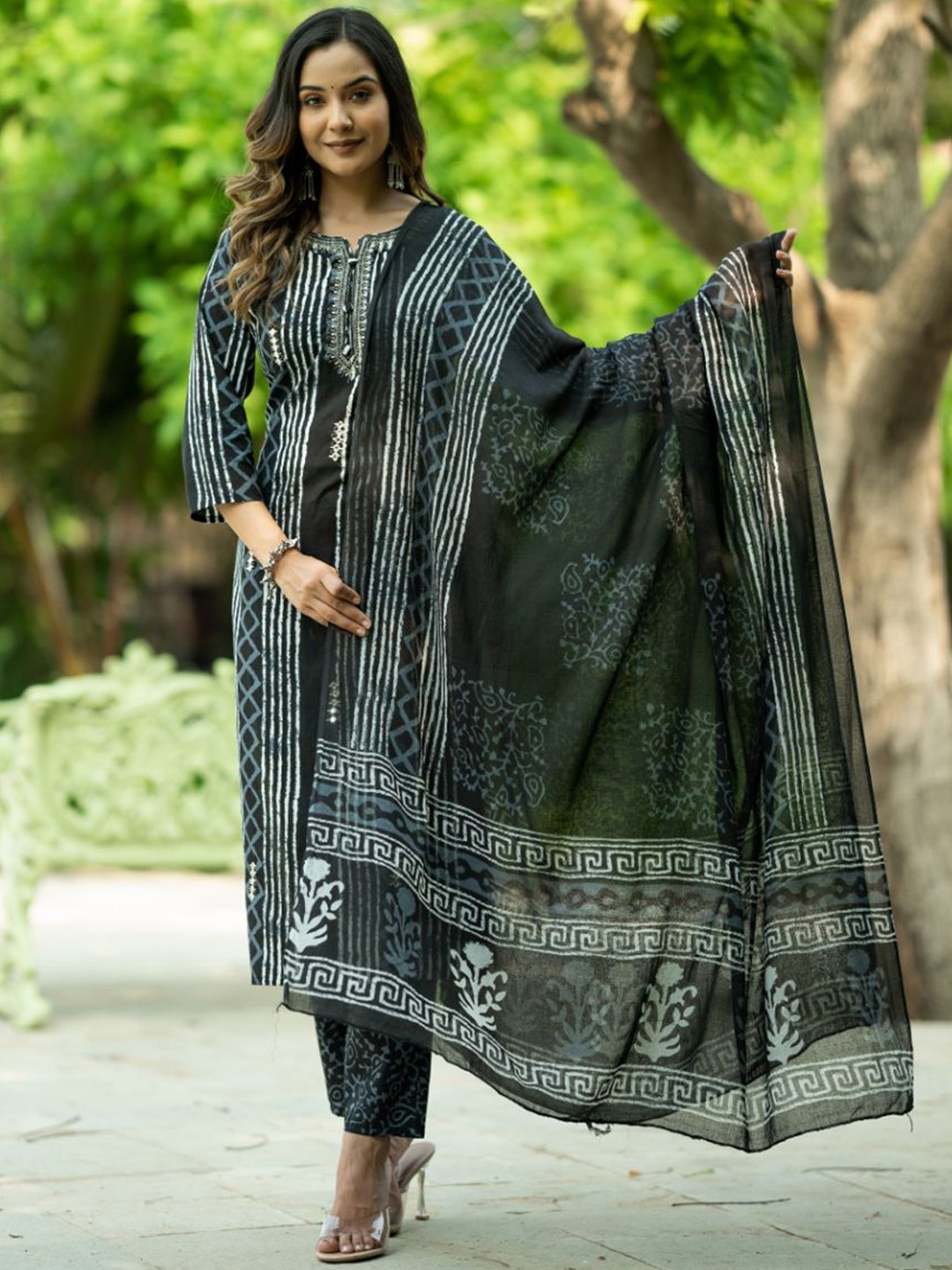 

KALINI Geometric Printed Pure Cotton Straight Kurta With Trouser & Dupatta, Black