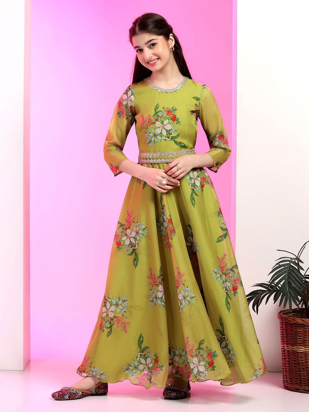 

FASHION DREAM Girls Floral Printed Maxi Ethnic Dress, Green