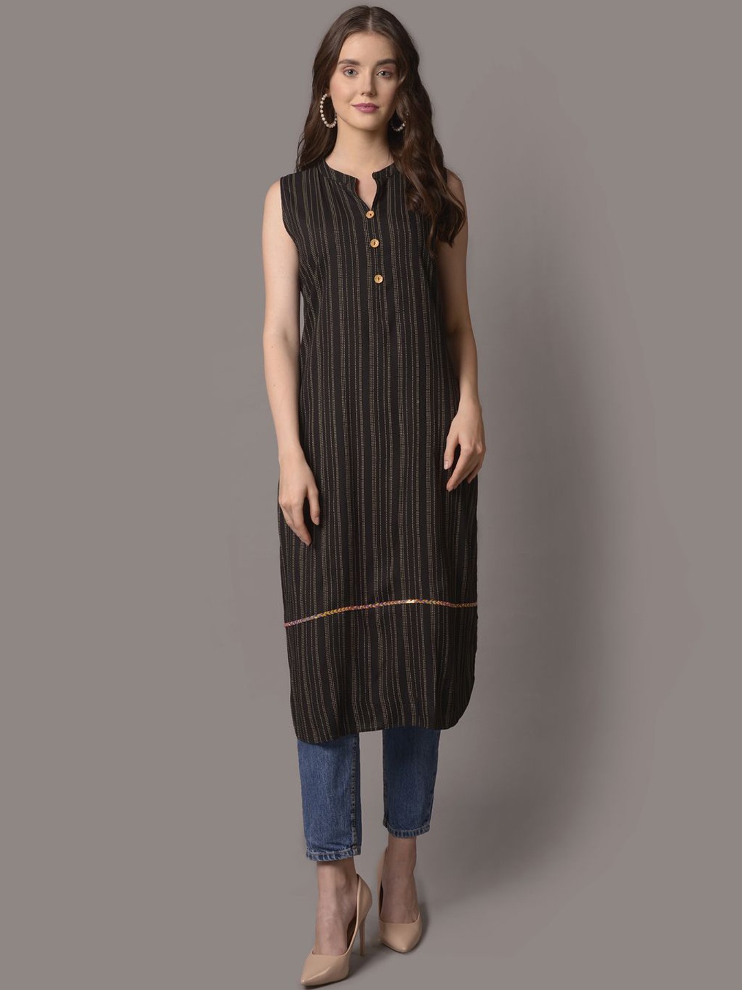 

Shree Striped Mandarin Collar Sleeveless Kurta, Black