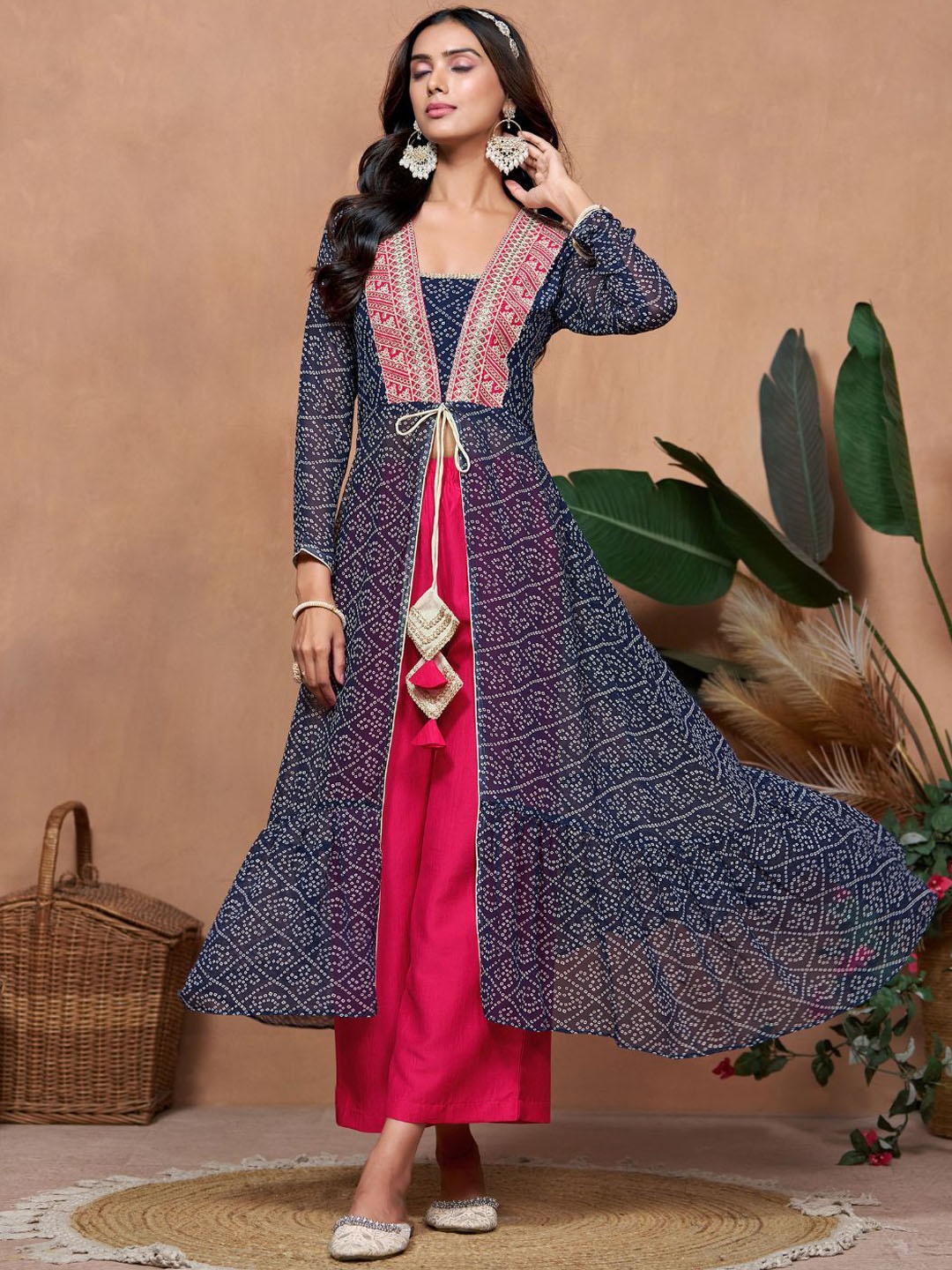

Sangria Blue Bandhani Embroidered A-Line Kurta With Palazzos