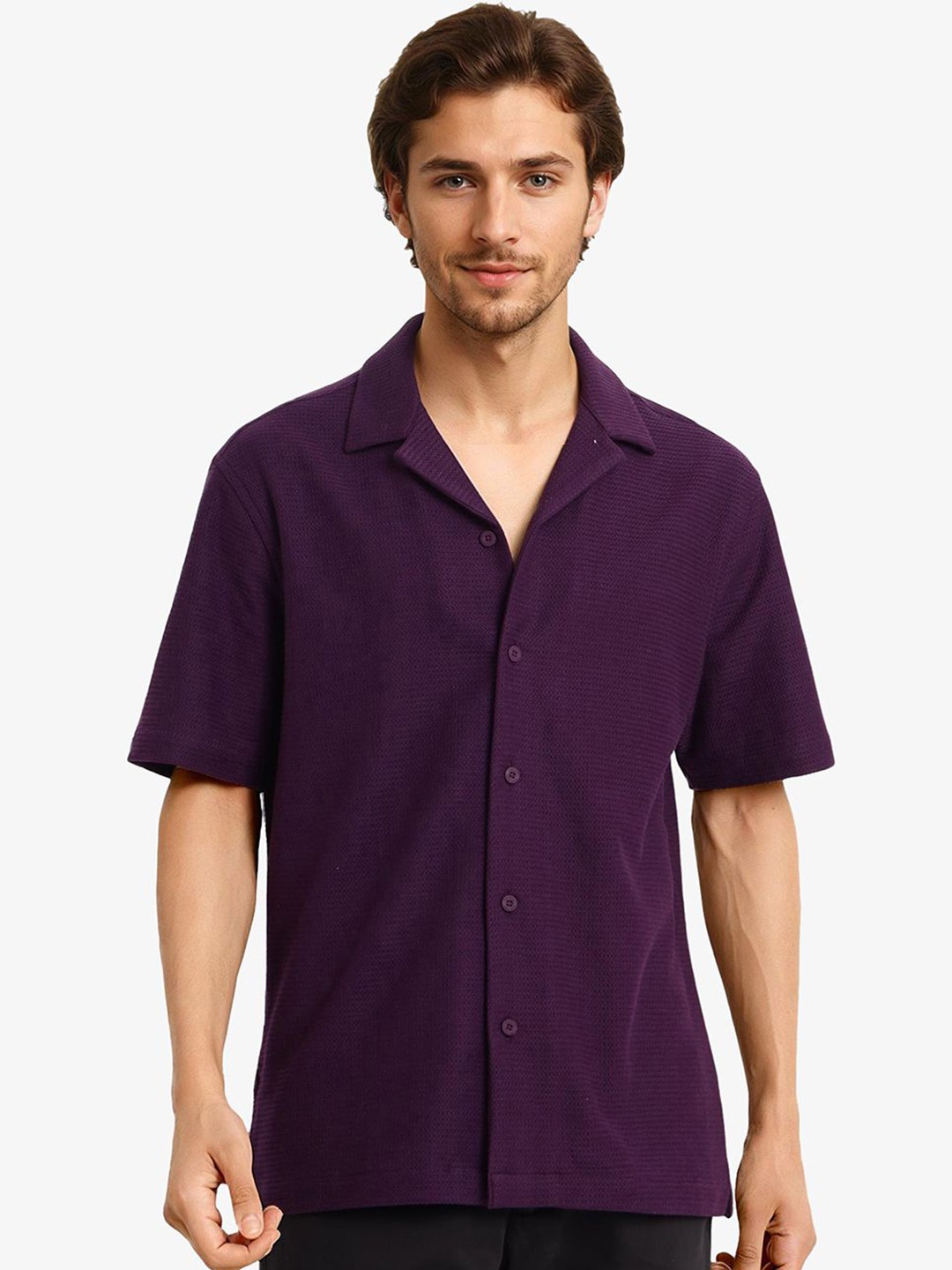 

RARE RABBIT Men Comfort Cuban Collar Solid Cotton Boxy Casual Shirt, Purple