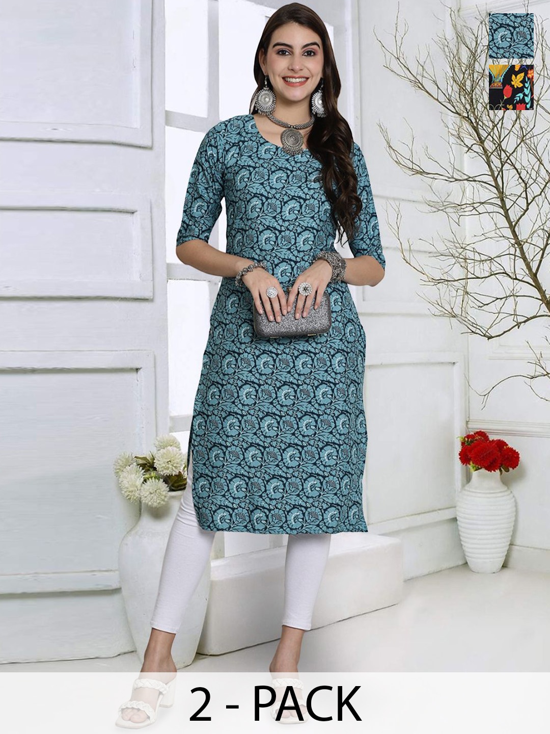 

7Threads Selection Of 2 Floral Printed Round Neck Straight Kurta, Blue