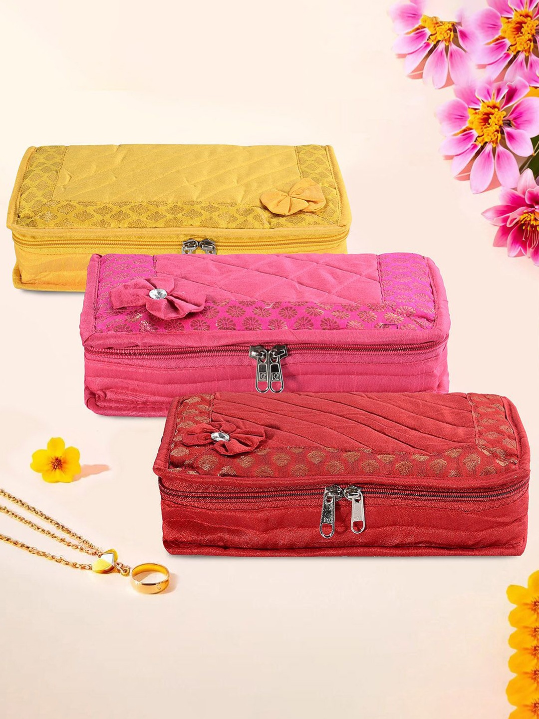 

Kuber Industries Yellow & Pink 3 Pieces Self Design Jewellery Organisers