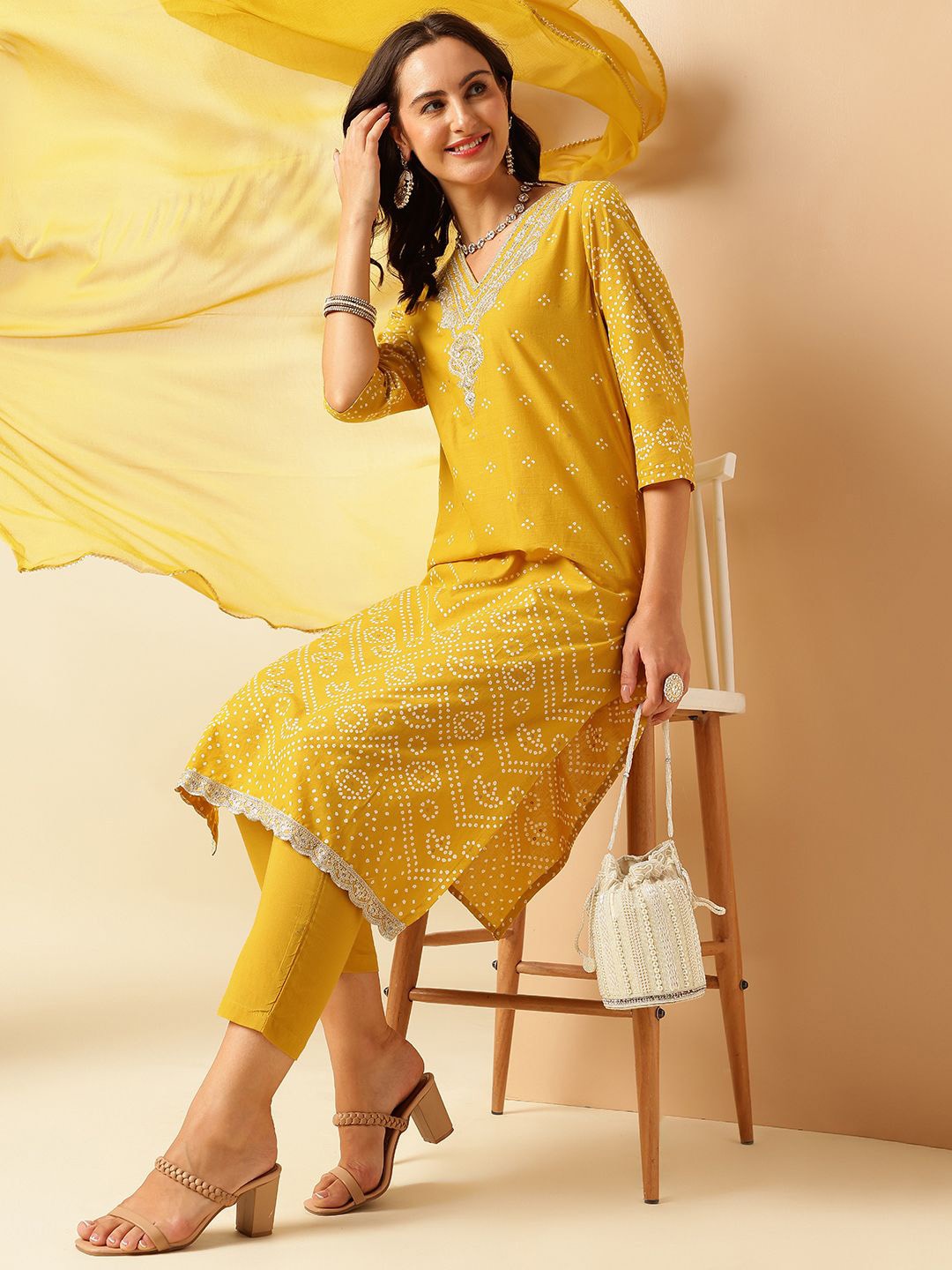 

Anouk Bandhani Printed Regular Thread Work Pure Cotton Kurta With Trousers & Dupatta, Mustard