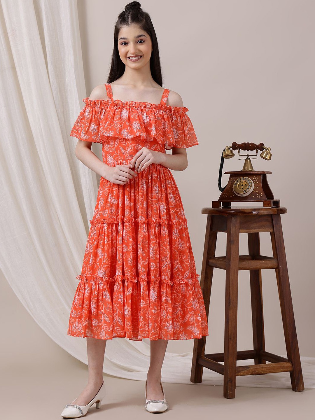 

Inddus Girls Floral Printed Fit and Flare Ethnic Dress, Orange