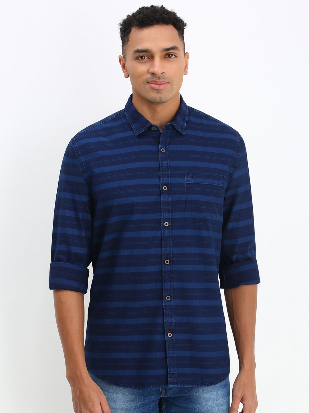 

Allen Solly Men Custom Spread Collar Striped Cotton Casual Shirt, Navy blue