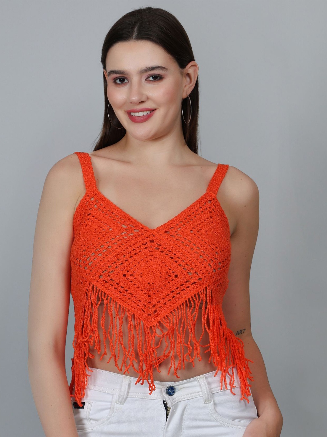 

Fabme Women Self Design Crochet Shoulder Straps Nylon Top, Orange