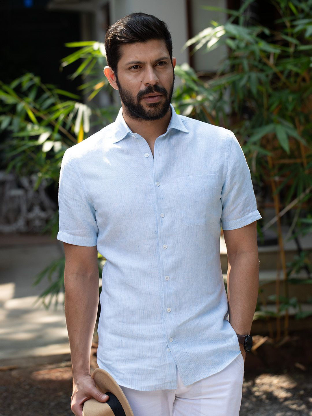 

Monks of Method Men Relaxed Spread Collar Solid Linen Relaxed Fit Casual Shirt, Blue