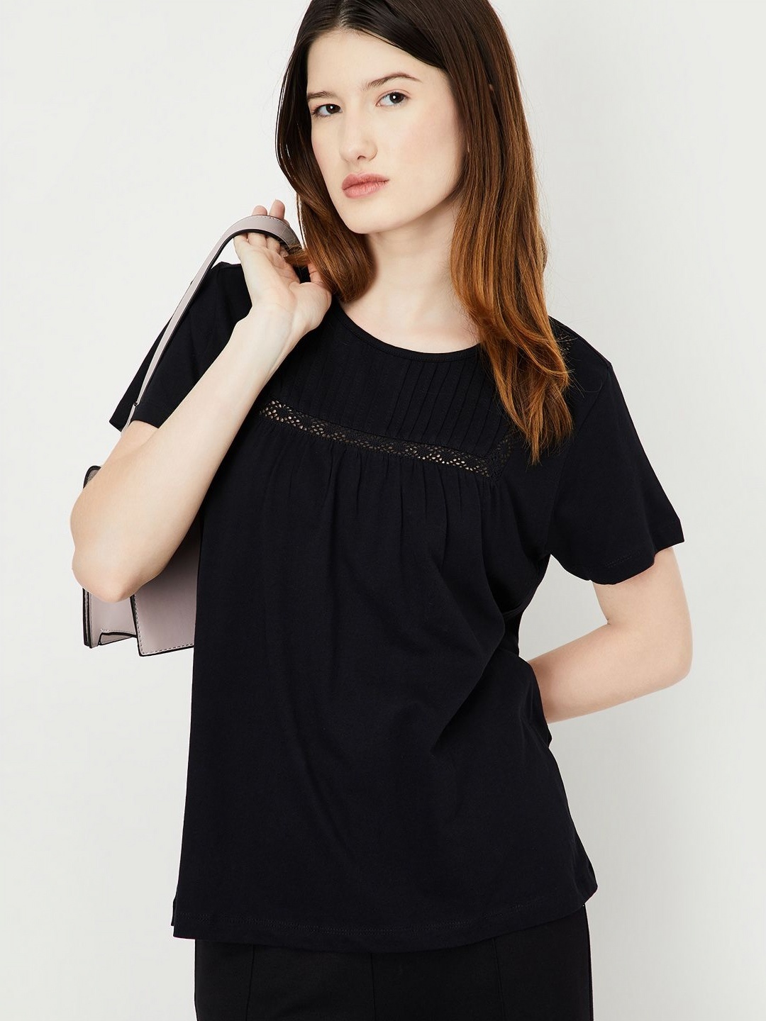 

max Women Solid Round Neck Cotton T-shirt, Black