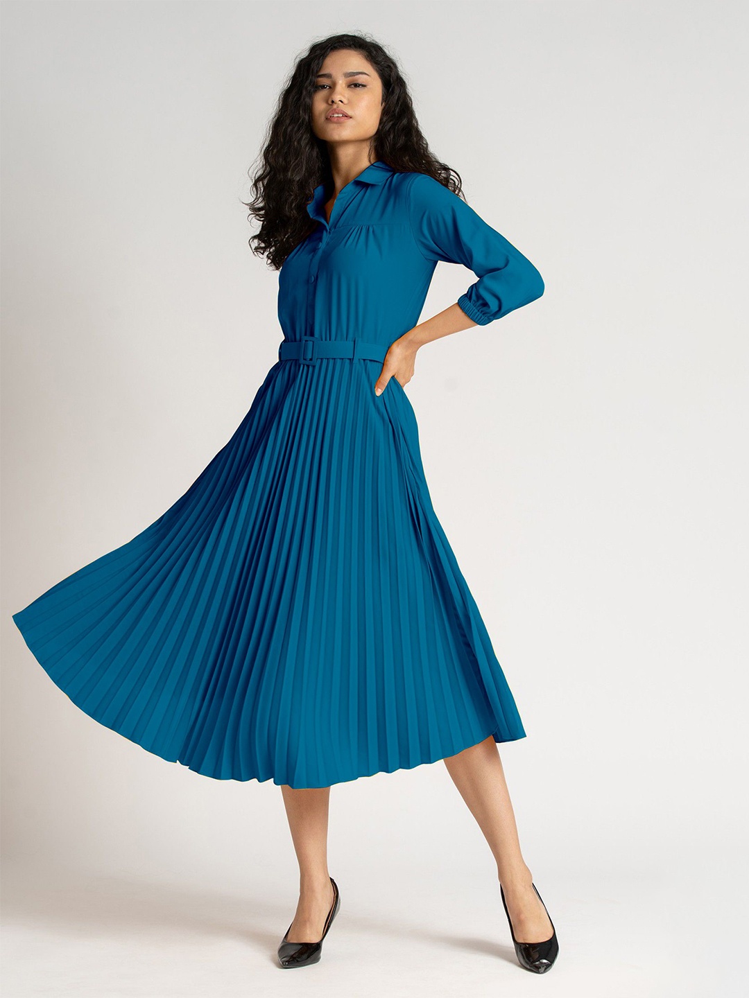 

Femvy Solid Pleated Fit & Flare Dress, Teal