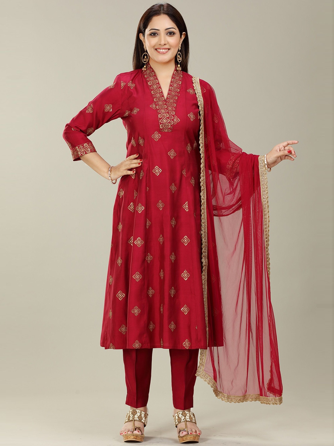 

COTTON CULTURE Ethnic Motifs Printed V- Neck A-Line Kurta with Trouser & Dupatta, Red