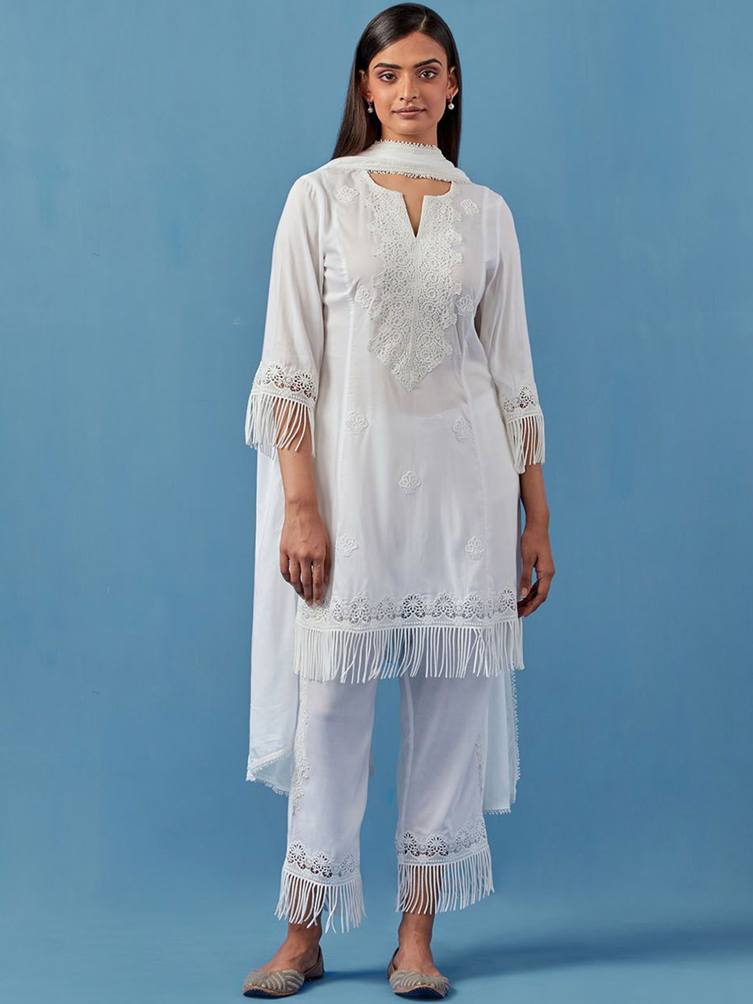 

Sage Saga Floral Embroidered Thread Work Straight Kurta with Trousers & Dupatta, White