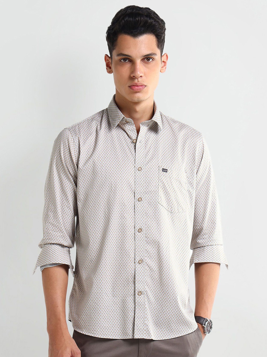 

Arrow Men Modern Spread Collar Geometric Printed Cotton Slim Fit Casual Shirt, Grey