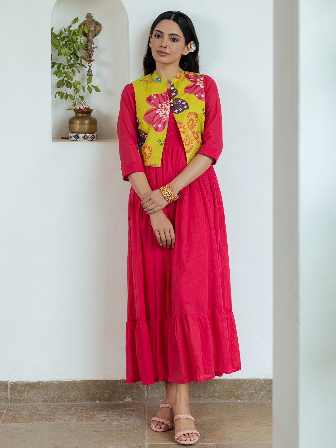 

FASHOR Cotton Maxi Dress with Floral Printed Short Jacket, Pink