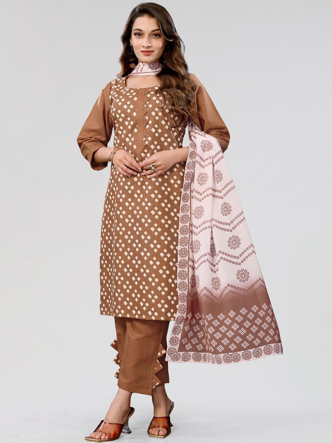 

PYARI - A style for every story Hand Printed Kurta with Trousers & Dupatta, Brown