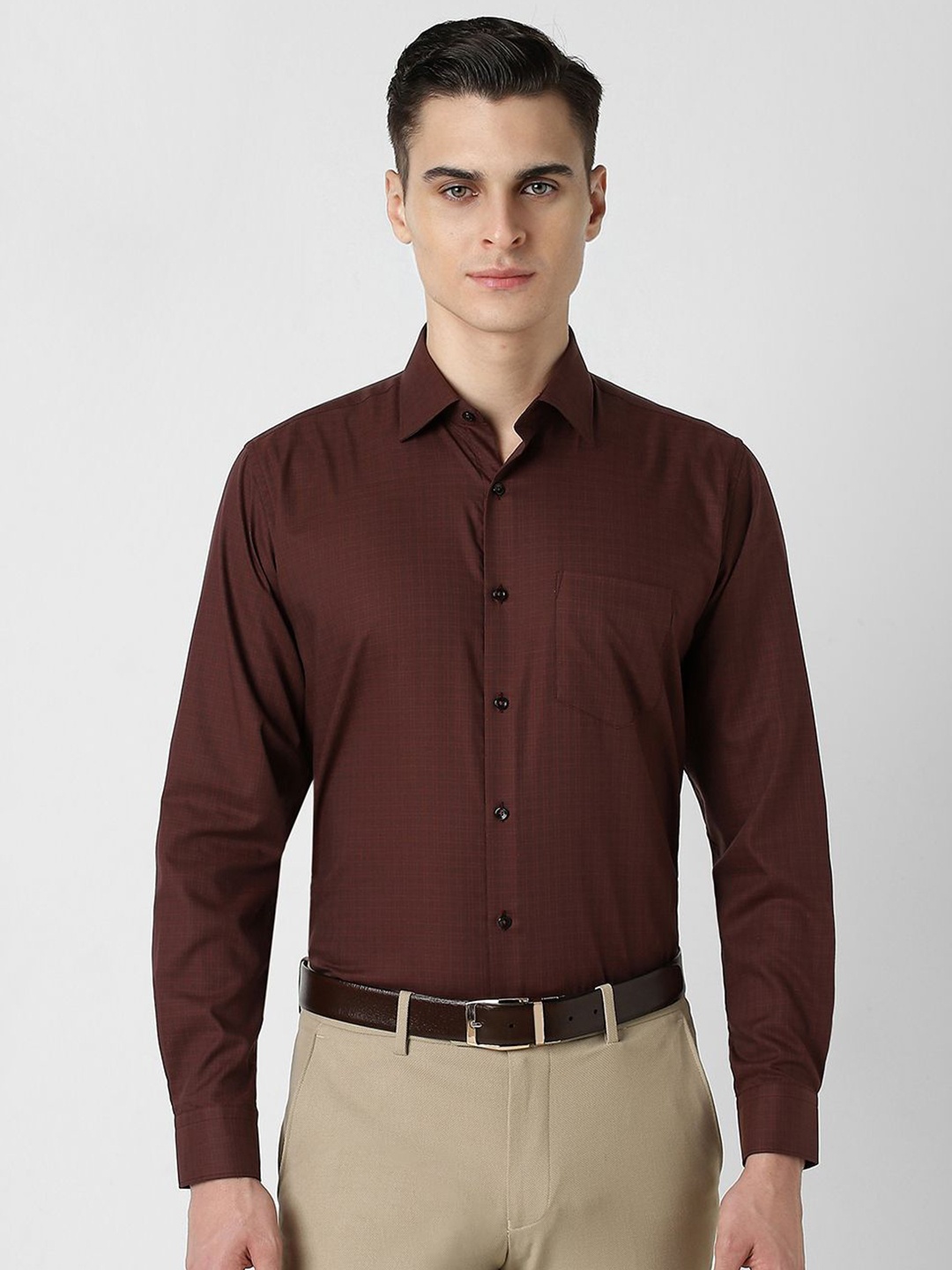 

Van Heusen Men Spread Collar Micro Checked Cotton Formal Shirt, Brown