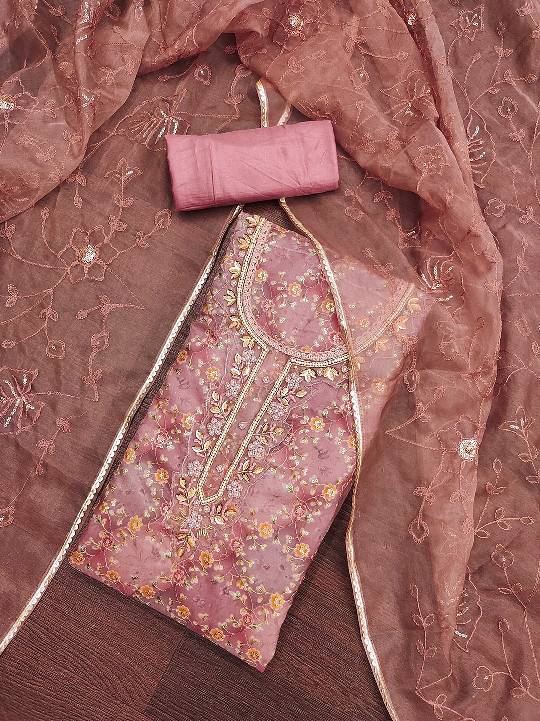 

KALINI Floral Embroidered Beads and Stones Organza Unstitched Dress Material, Pink
