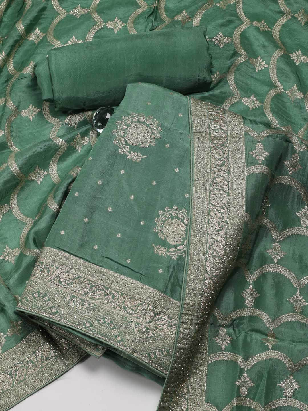 

Meena Bazaar Floral Art Silk Unstitched Dress Material, Green