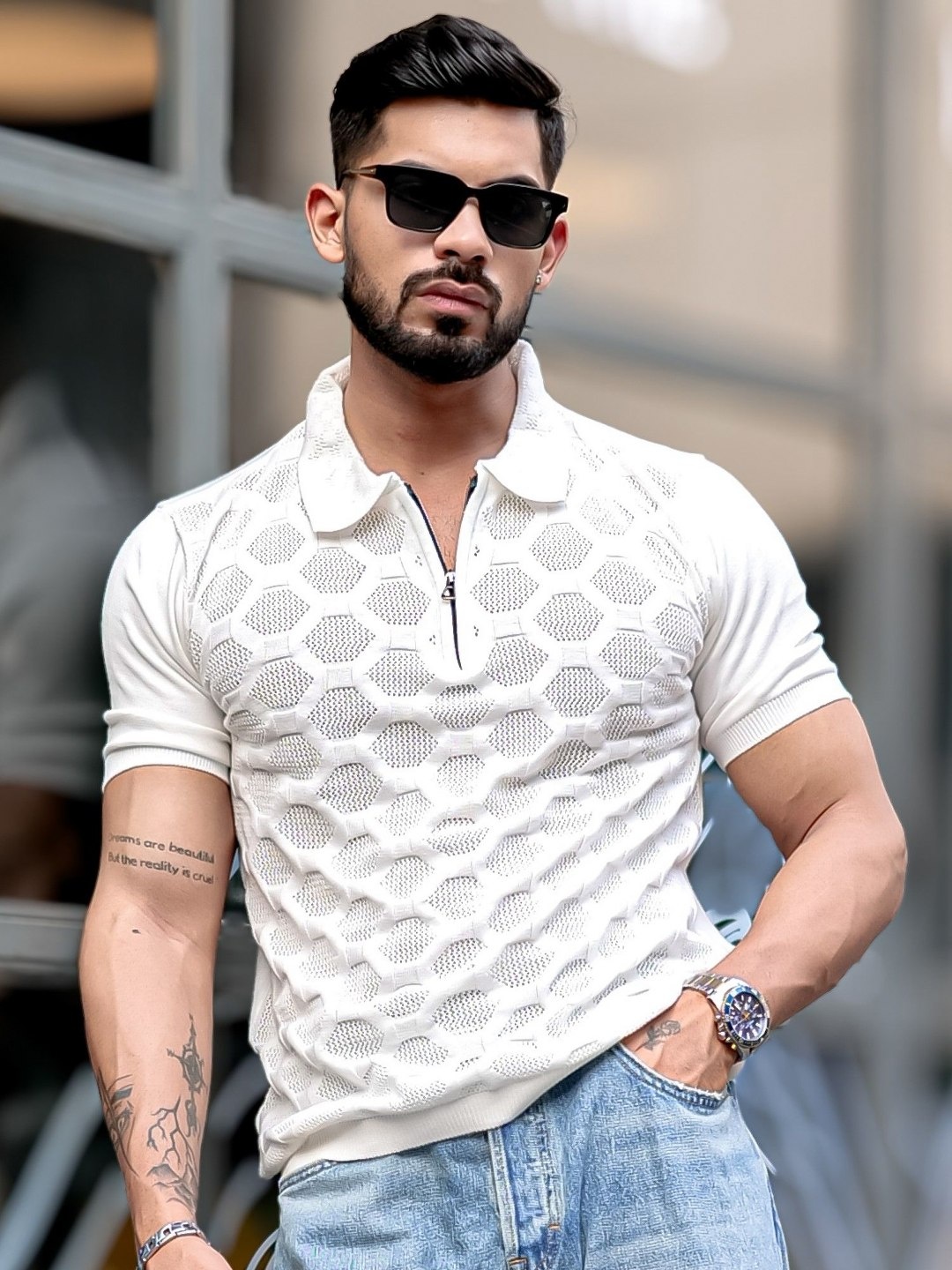 

Maniac Men Self Design Polo Collar Cotton Slim Fit T-shirt, White