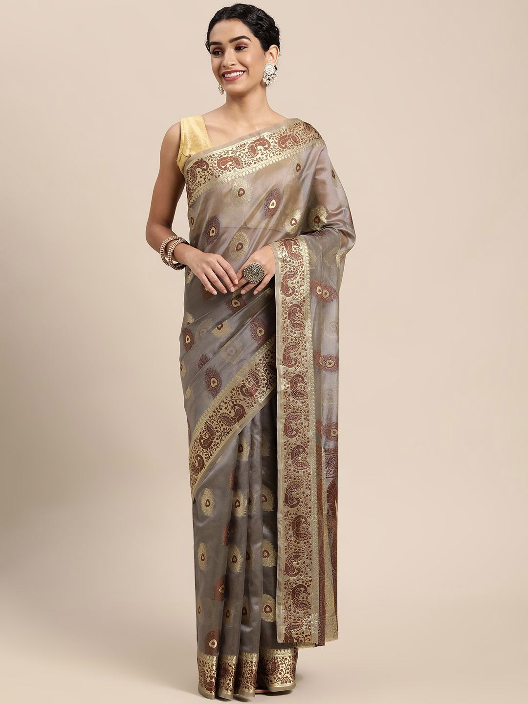 

KIMISHA Woven Design Zari Organza Kanjeevaram Saree, Grey