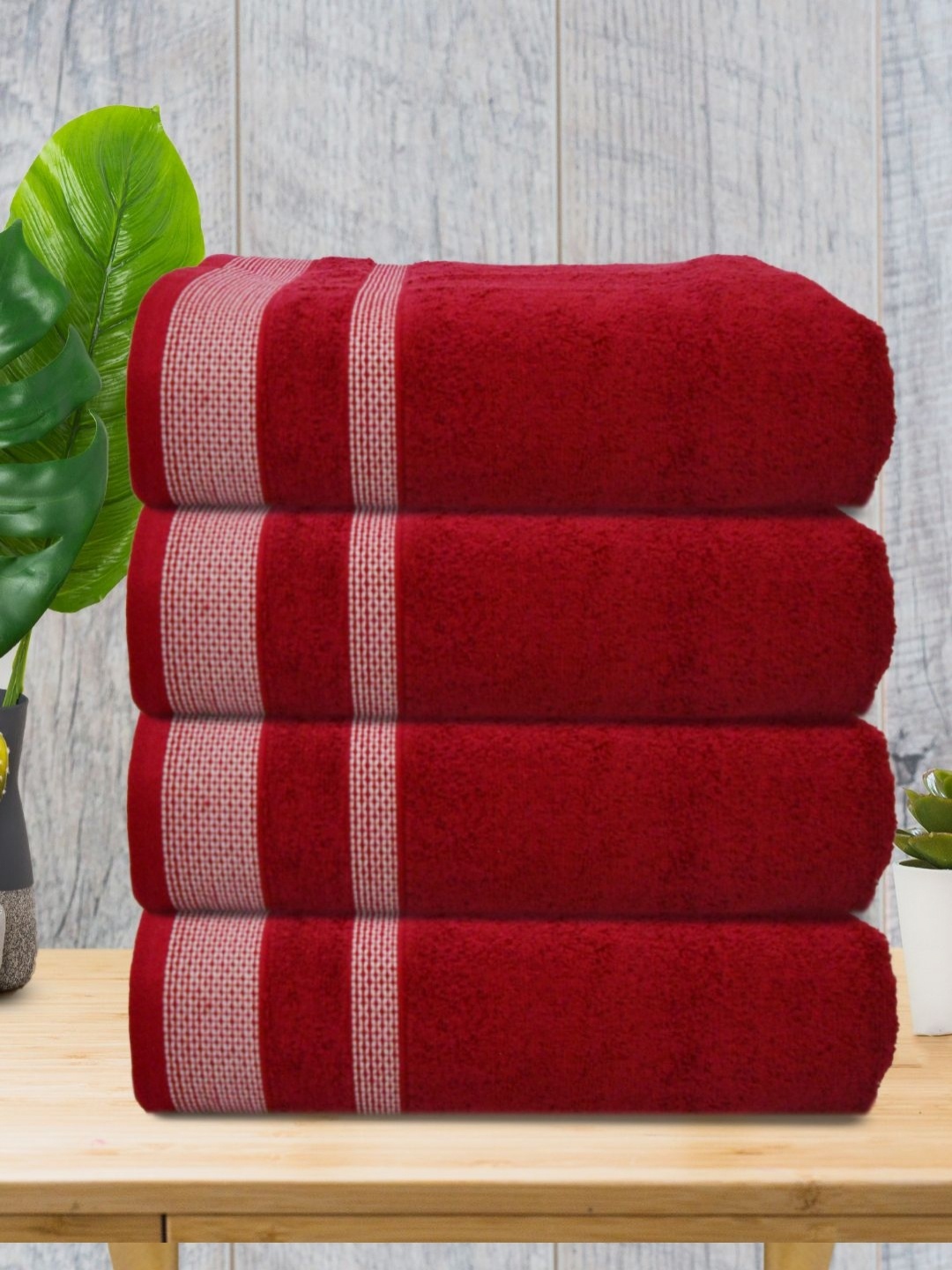 

Aura Maroon & White 4 Pieces Striped Cotton 400 GSM Bath Towels