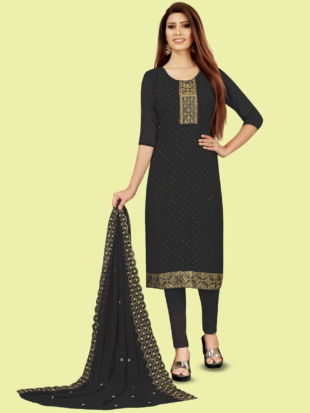 

APNISHA Floral Embroidered Silk Georgette Unstitched Dress Material, Black