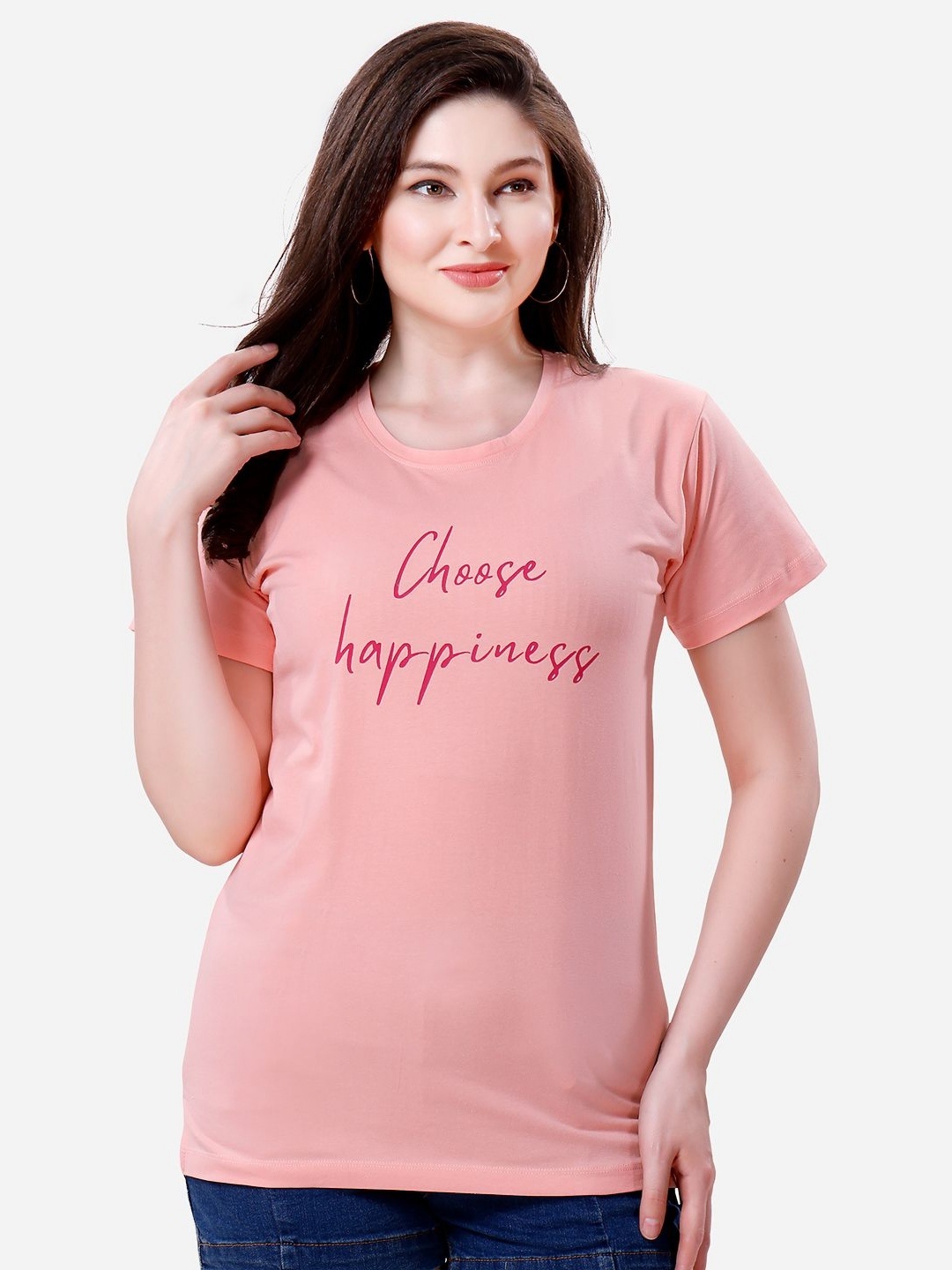 

Lenissa Women Typography Printed Round Neck Cotton Relaxed Fit T-Shirt, Peach