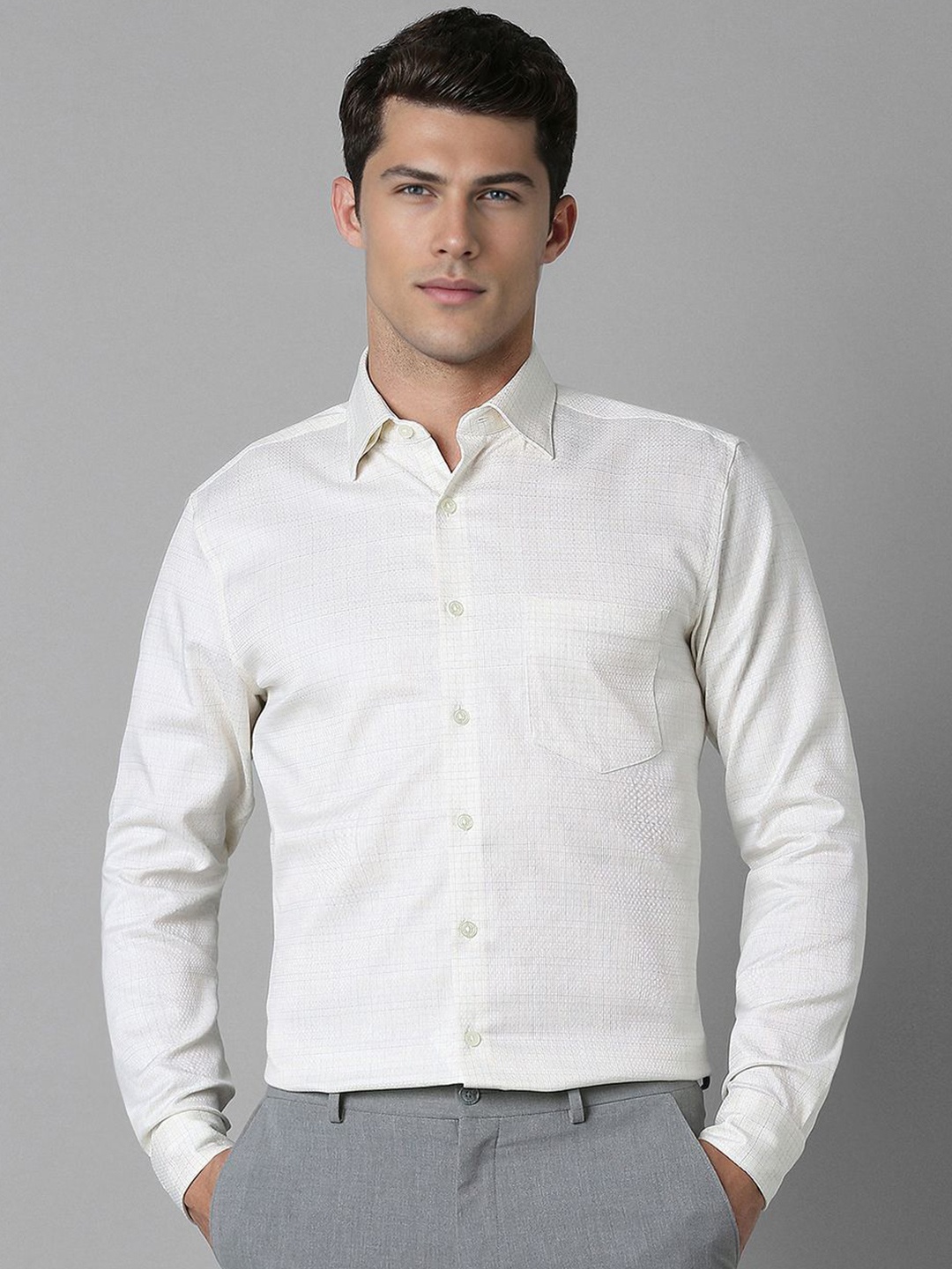 

Louis Philippe Men Spread Collar Micro Checked Cotton Slim Fit Formal Shirt, White