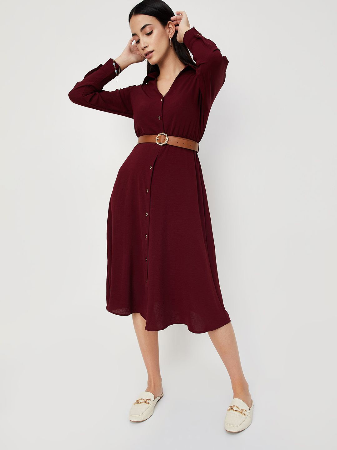 

max Solid Belted Midi Shirt Dress, Maroon