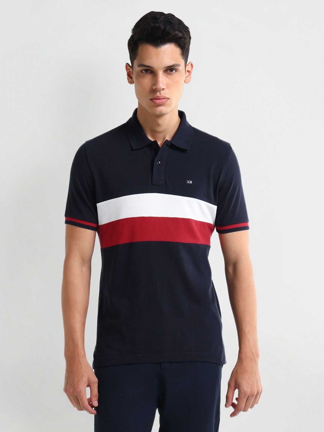 

Arrow Men Colourblocked Polo Collar Cotton T-shirt, Navy blue