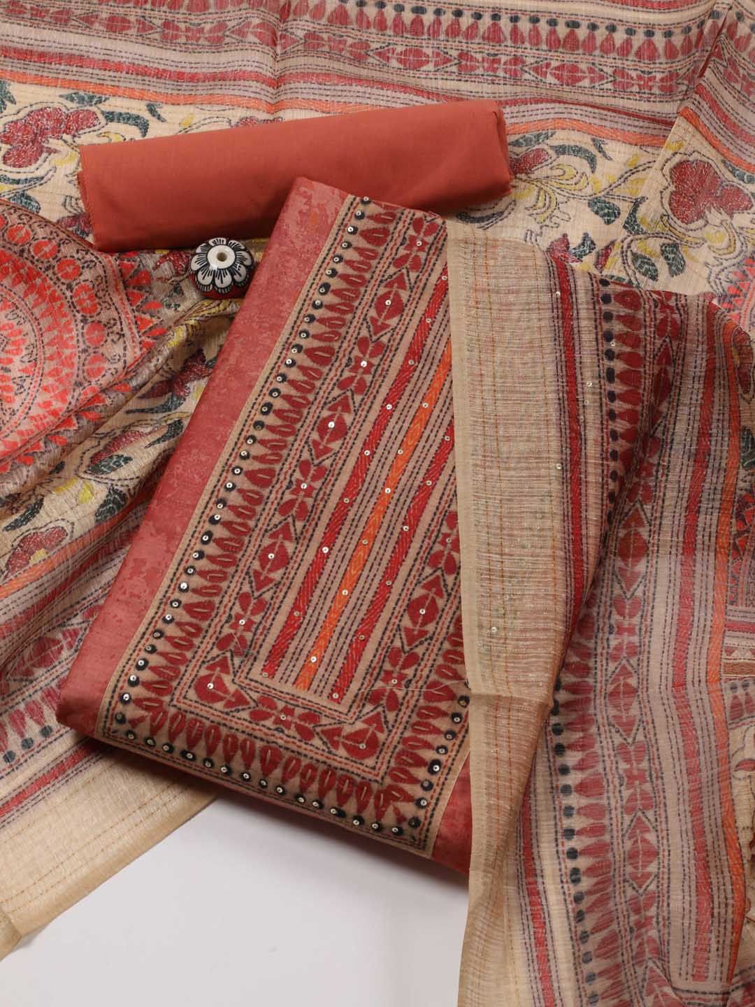 

Meena Bazaar Printed Thread Work Unstitched Dress Material, Rust