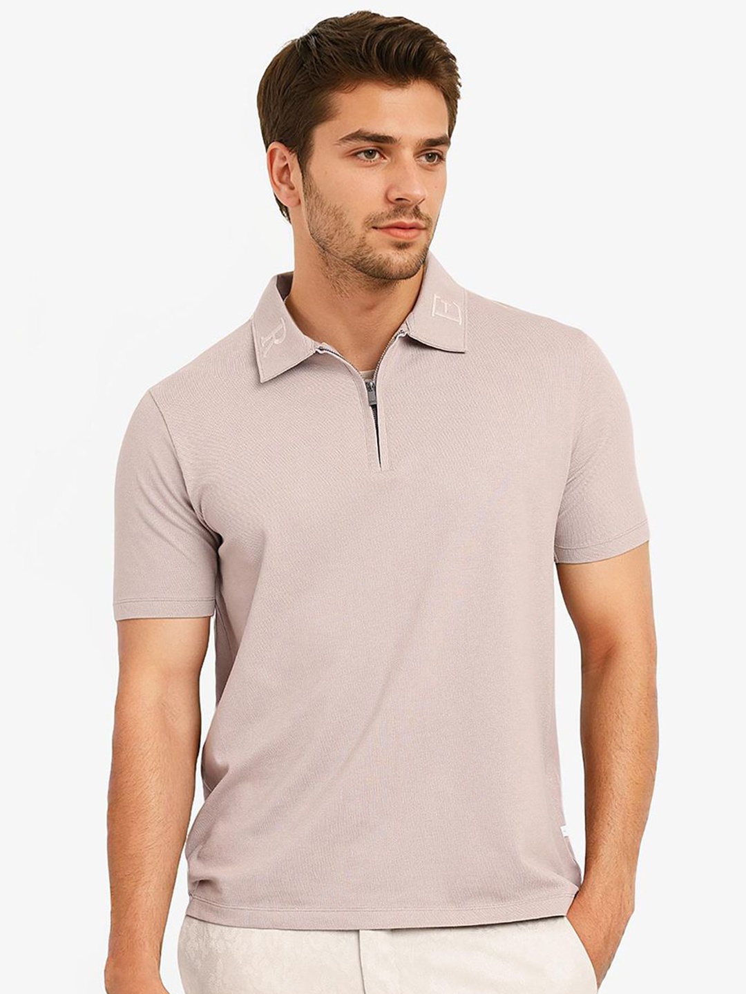 

RARE RABBIT Men Solid Polo Collar Cotton T-shirt, Beige
