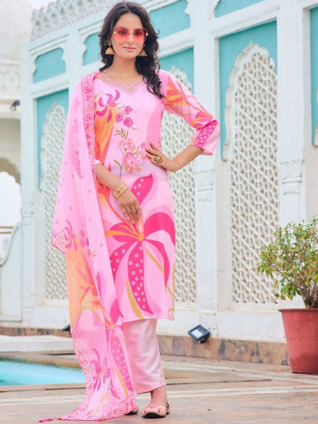 

KALINI Floral Printed V-Neck Straight Kurta With Trousers & Dupatta, Pink