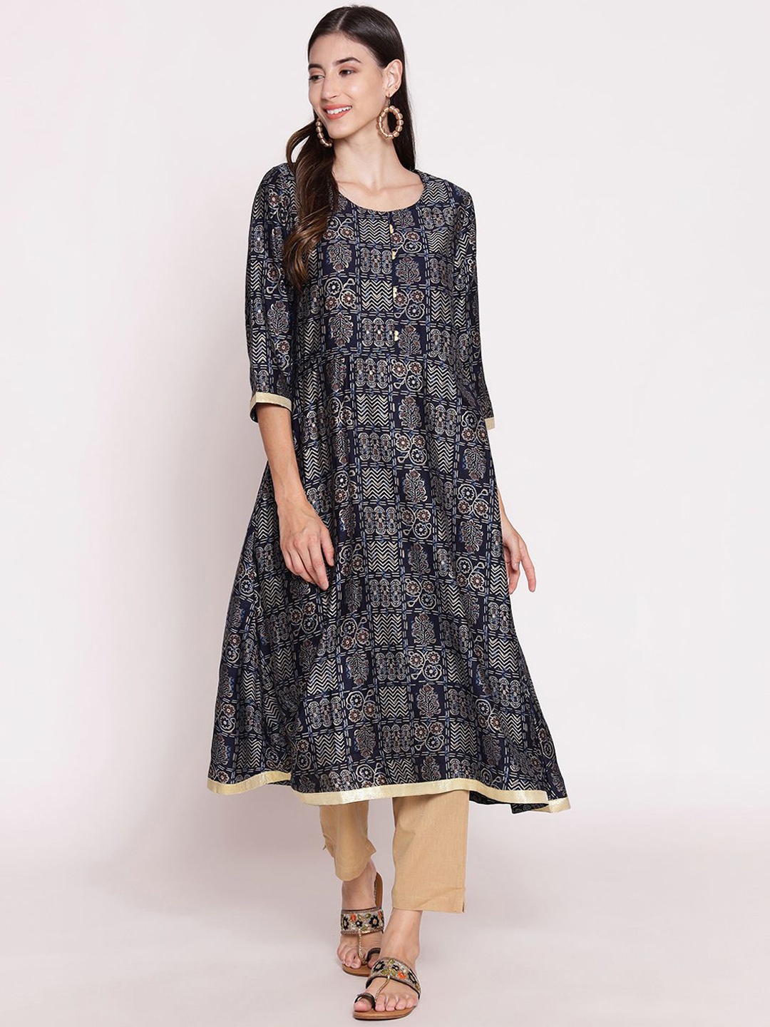 

Shree Geometric Printed Panelled A-Line Kurta, Navy blue