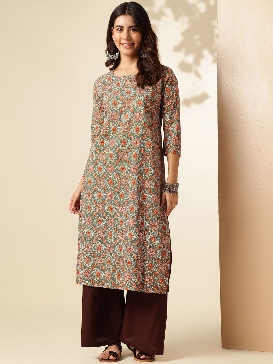

Anouk Rustic Ethnic Motifs Printed Pure Cotton Straight Kurta, Green