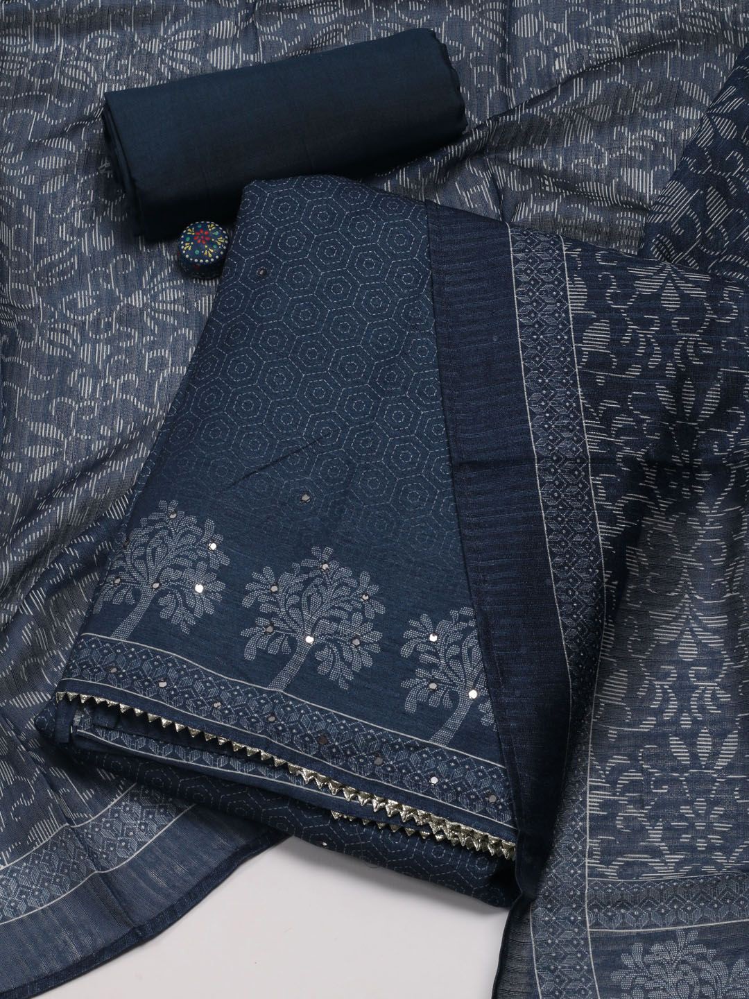 

Meena Bazaar Floral Printed Mirror Work Unstitched Dress Material, Navy blue