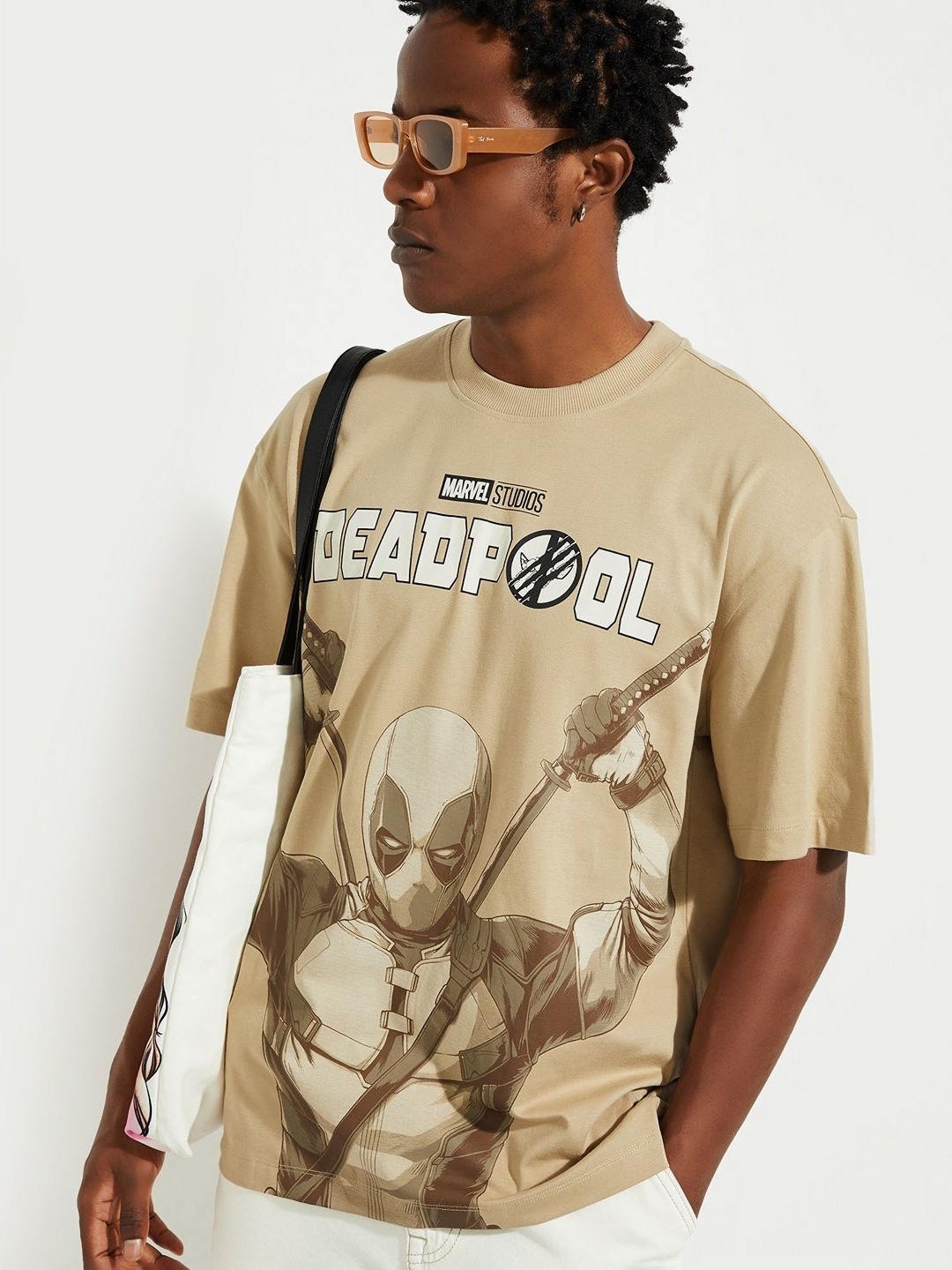 

max URB_N Men Oversized Deadpool Printed T-shirt, Beige