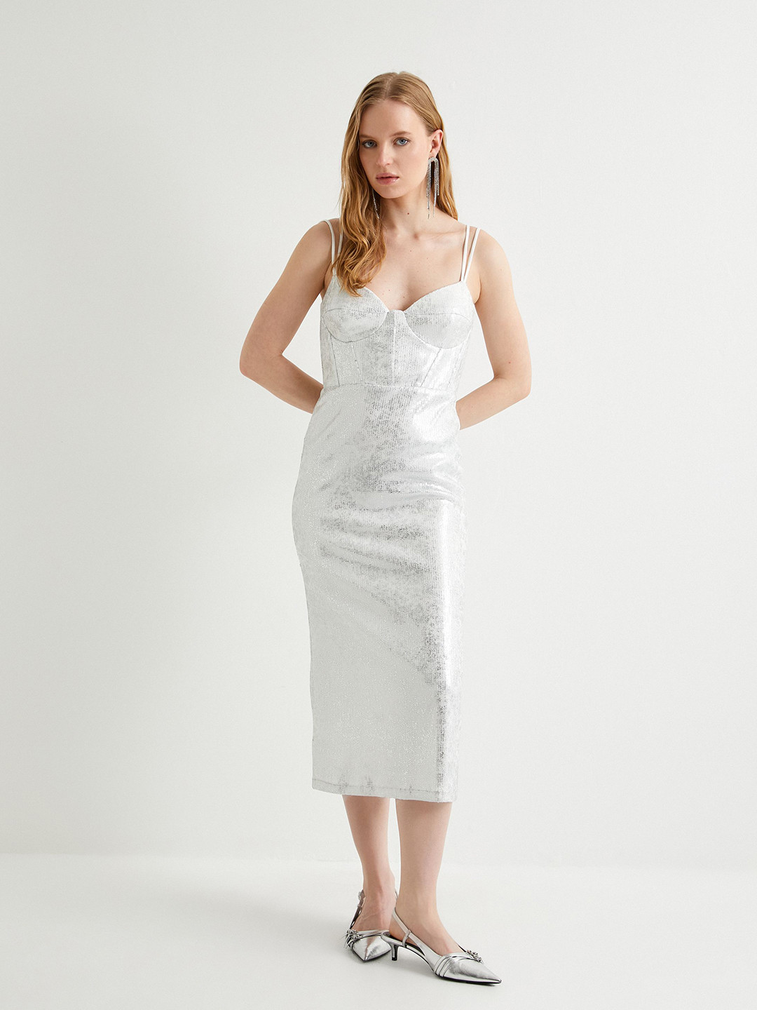 

Koton Shoulder Straps Sheath Midi Dress, Off white