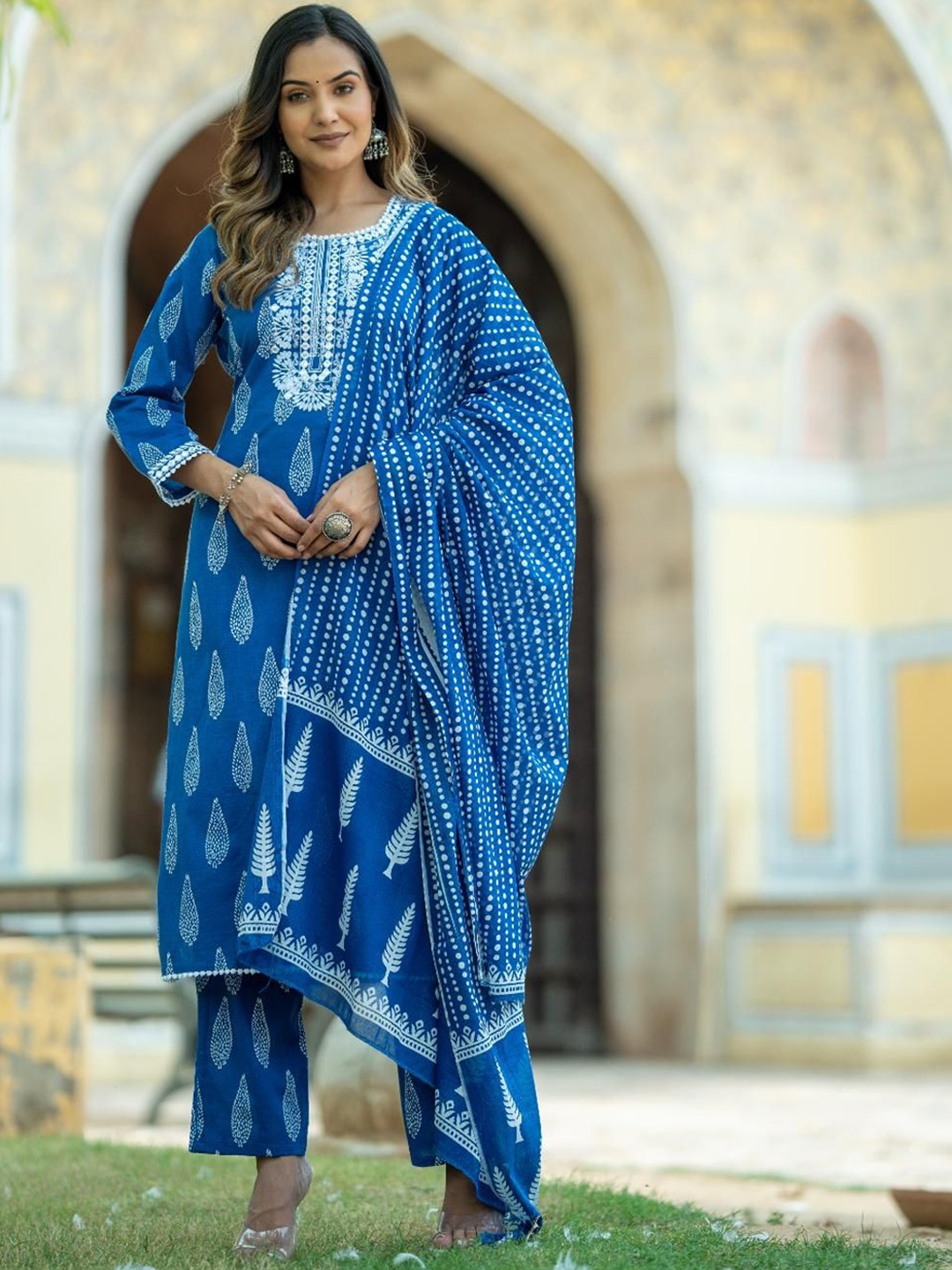 

KALINI Embroidered Regular Thread Work Pure Cotton Kurta with Palazzos With Dupatta, Blue