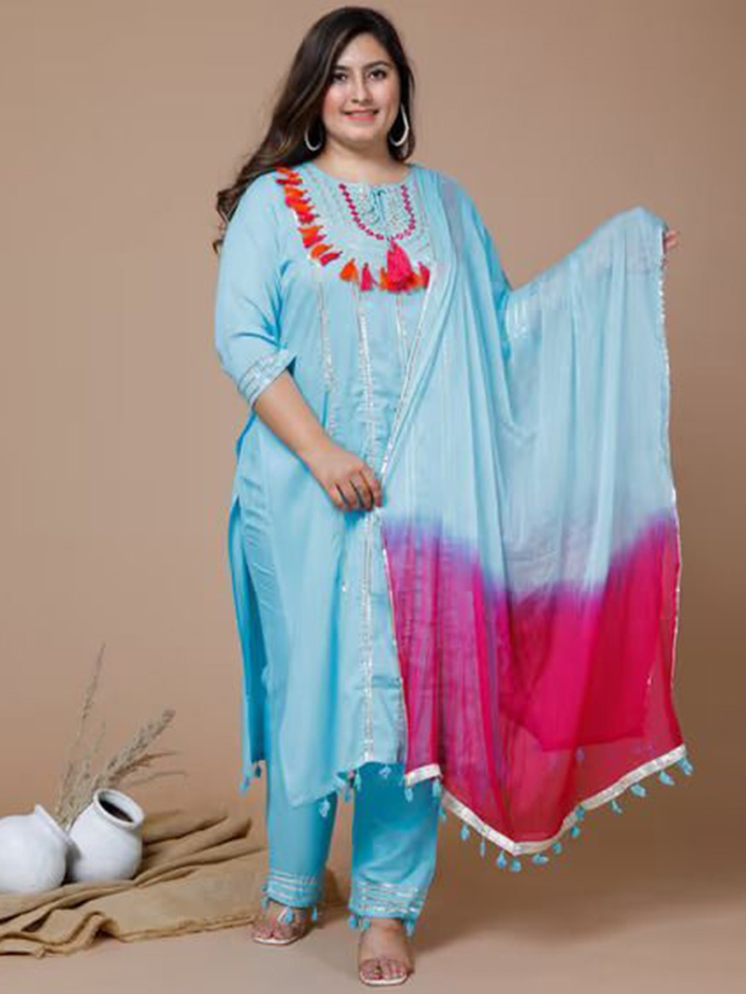 

TOP 2 BOTTOM Geometric Embroidered Tie-Up Neck Straight Kurta With Trousers & Dupatta, Blue