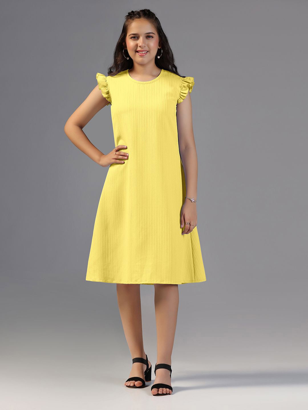 

OMPAX Solid Flutter Sleeve A-Line Dress, Yellow