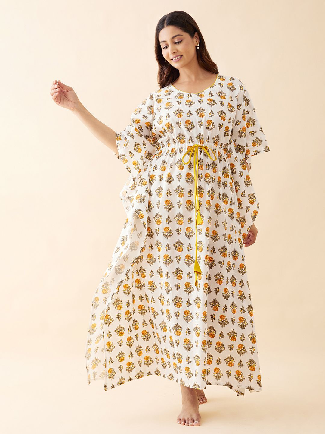 

Maybell pure cottton Printed Nighty with Tie-up Maxi kaftan Nightdress, White