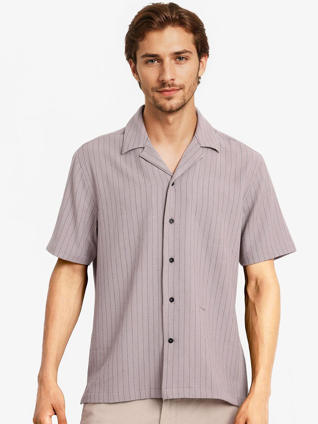 

RARE RABBIT Men Comfort Cuban Collar Striped Boxy Casual Shirt, Purple