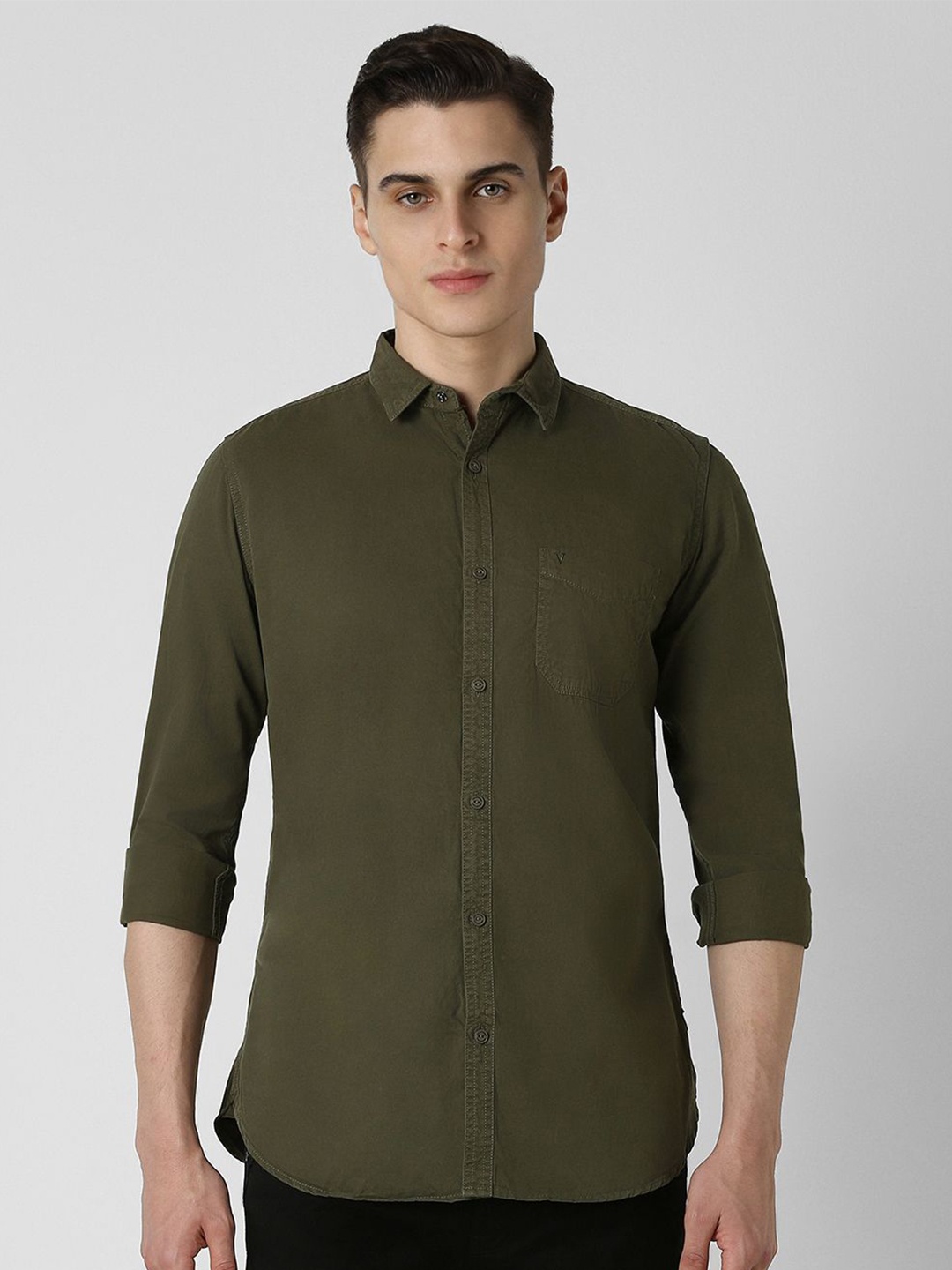 

VAN HEUSEN DENIM LABS Men Spread Collar Solid Cotton Slim Fit Casual Shirt, Olive